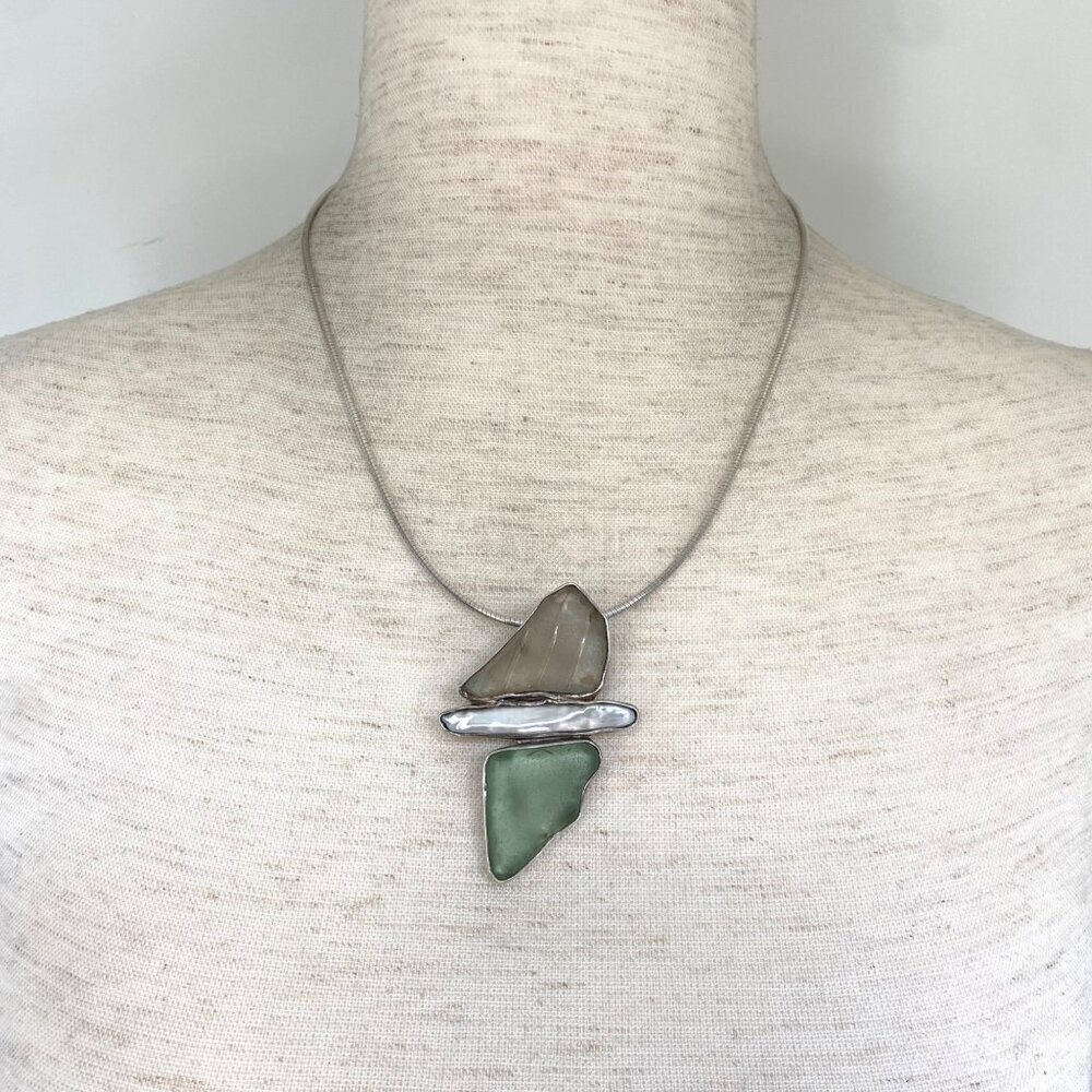 Sterling Silver 925 Beach Glass & Biwa Pearl Pendant Necklace 16"-18" Chain